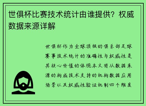世俱杯比赛技术统计由谁提供？权威数据来源详解