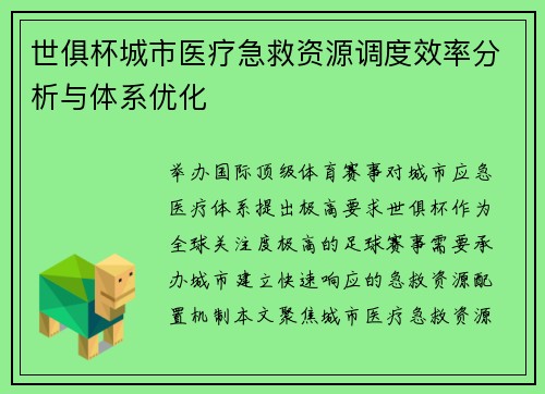 世俱杯城市医疗急救资源调度效率分析与体系优化