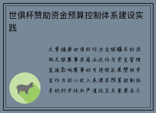 世俱杯赞助资金预算控制体系建设实践