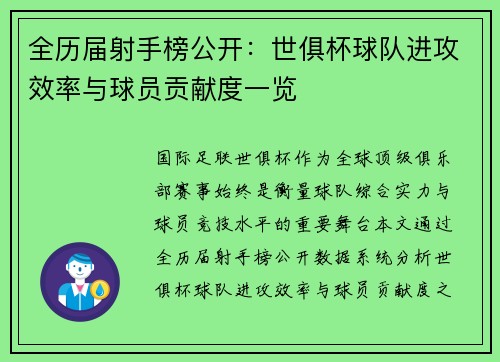 全历届射手榜公开：世俱杯球队进攻效率与球员贡献度一览