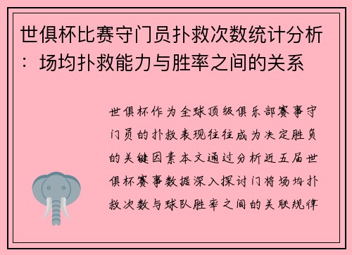 世俱杯比赛守门员扑救次数统计分析：场均扑救能力与胜率之间的关系